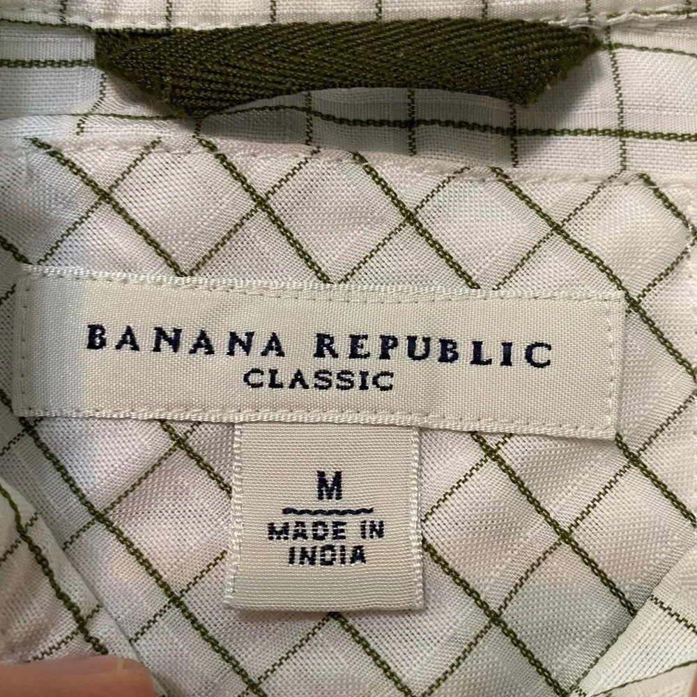 Banana Republic Classic White Green Gingham 100% Cotton Button Down Shirt Sz M